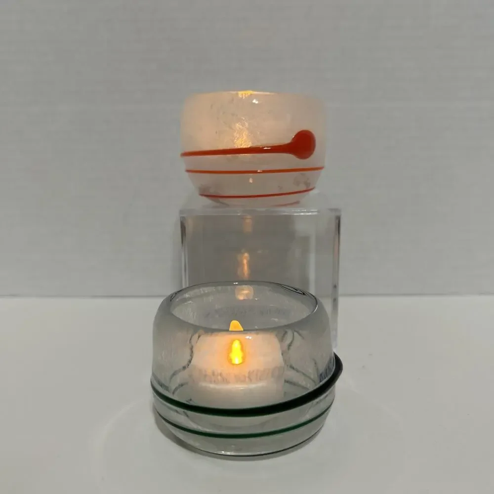 2 Hand Blown Studio Art Glass Votive Candle Holder Frosted Applied Green Orange